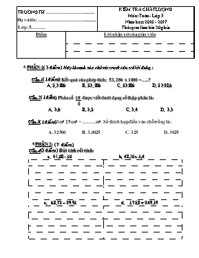 Đề và đáp án kiểm tra chất lượng Toán lớp 5 - Năm học 2016-2017